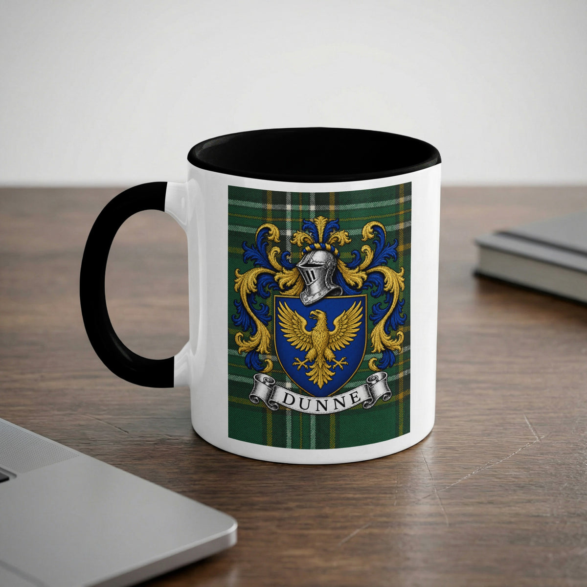 Dunne Irish family crest 11 oz ceramic mug with black handle, rim and Irish National Tartan