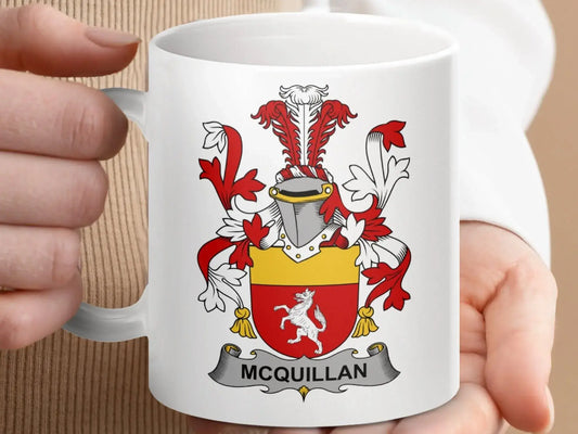 McQuillan Family Crest Coat of Arms Emblem Mug - Celtic Ancestry Gifts