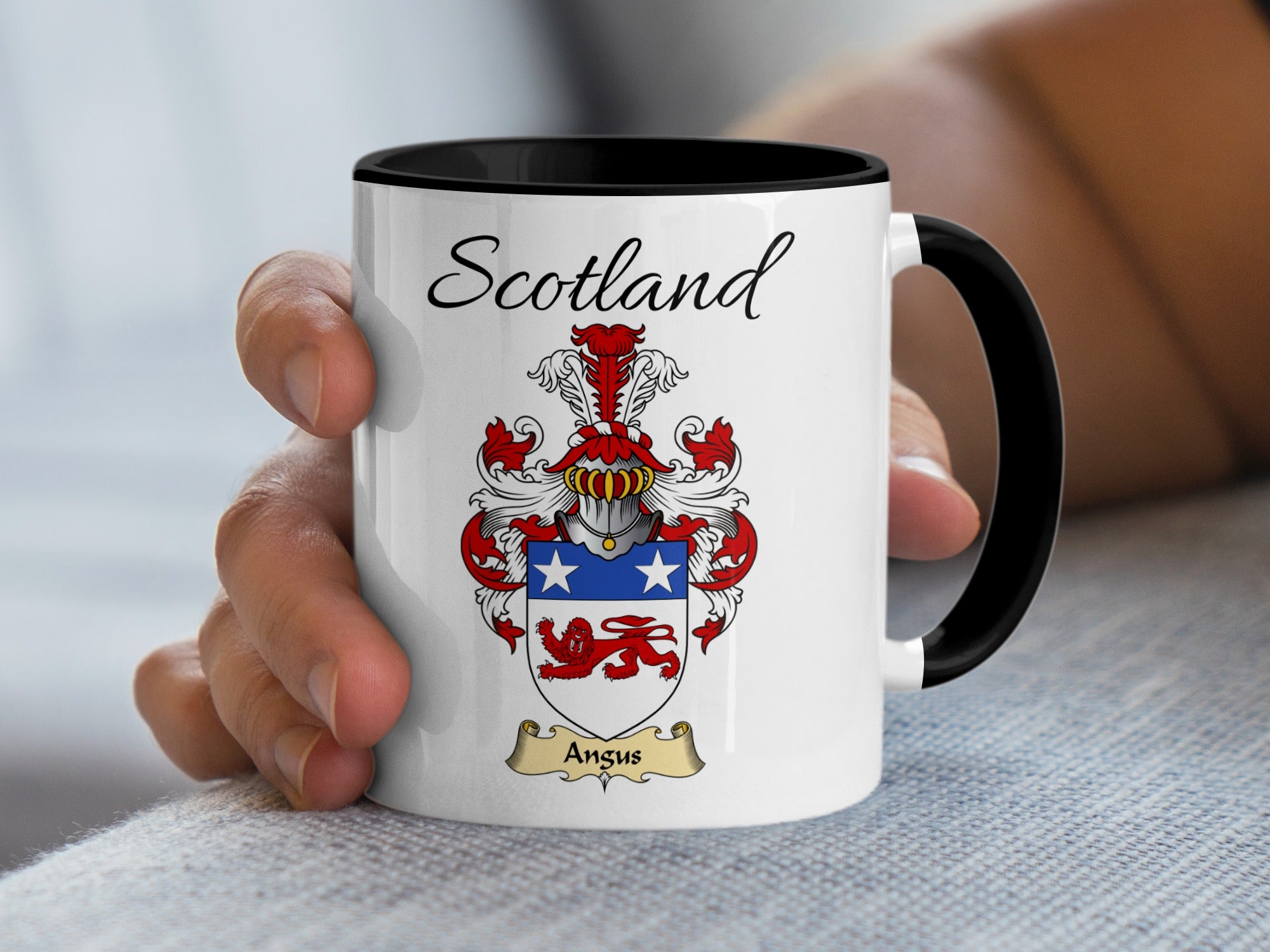 Angus Scottish family crest accent mug with Scotland above the coat of arms design