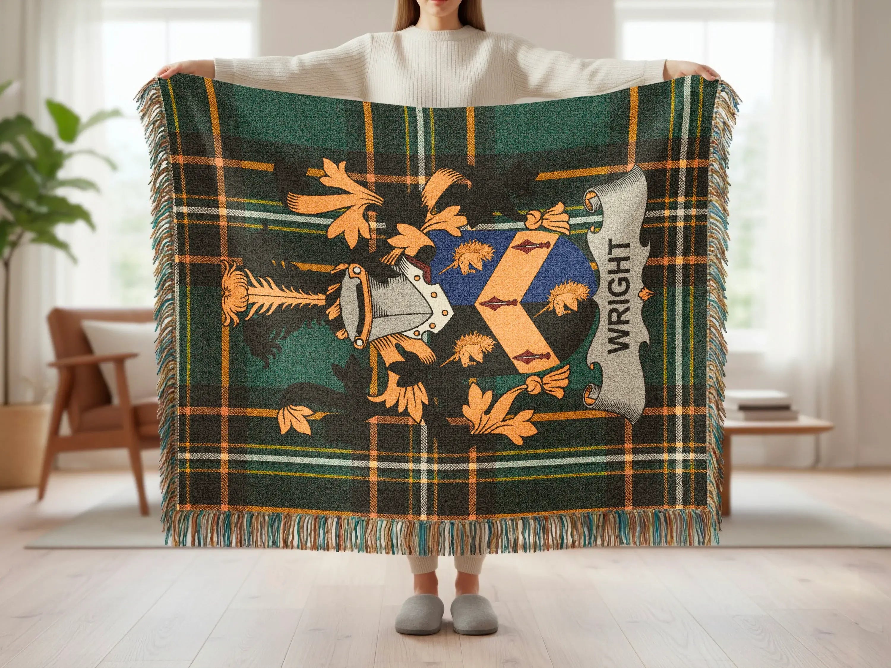 Tartan blanket with Wright crest and orange leaf motifs.