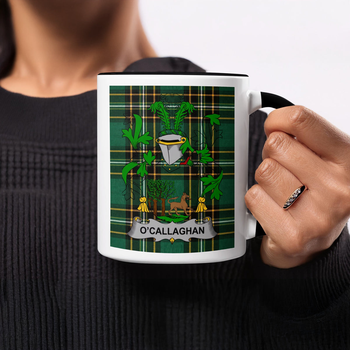 O'Callaghan Irish family crest mug on Irish National Tartan background
