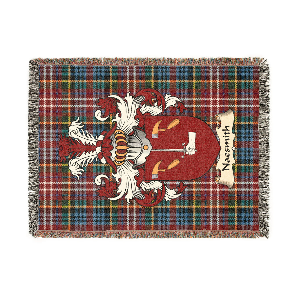 Naesmith Scottish woven blanket with family shield and Caledonia tartan background