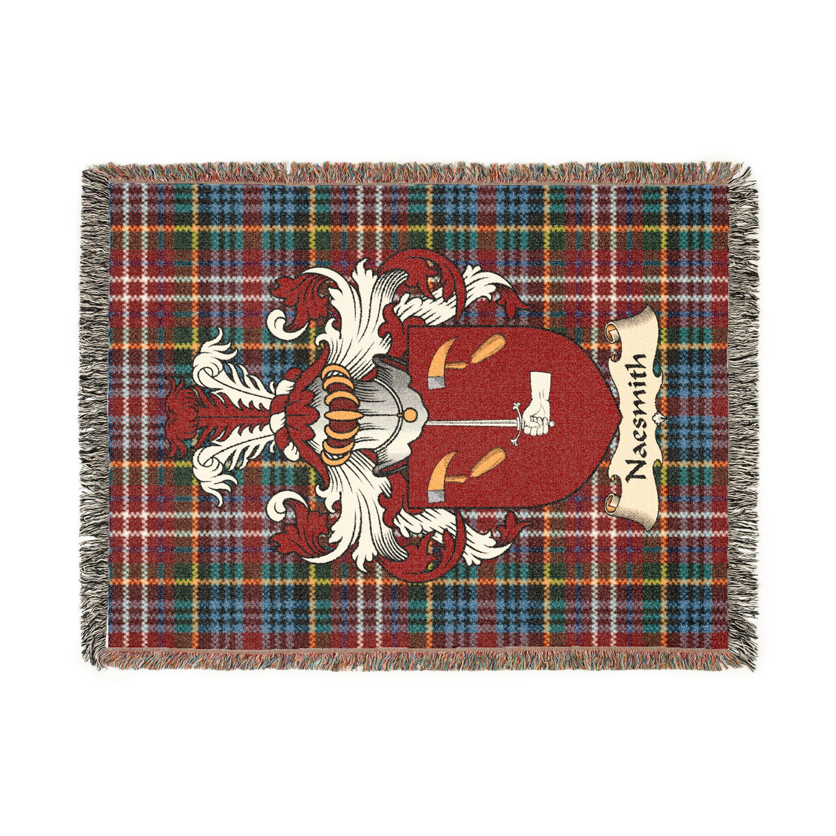 Naesmith Scottish woven blanket with family shield and Caledonia tartan background