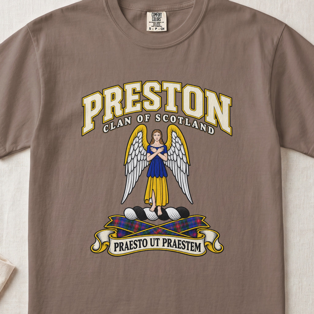 Preston Scottish clan T-shirt in Espresso, front view with a winged figure in blue and gold clothing and motto banner.