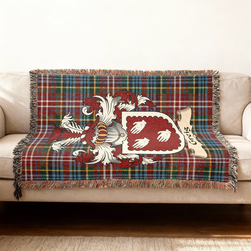 Greis Scottish woven blanket with family shield and Caledonia tartan background