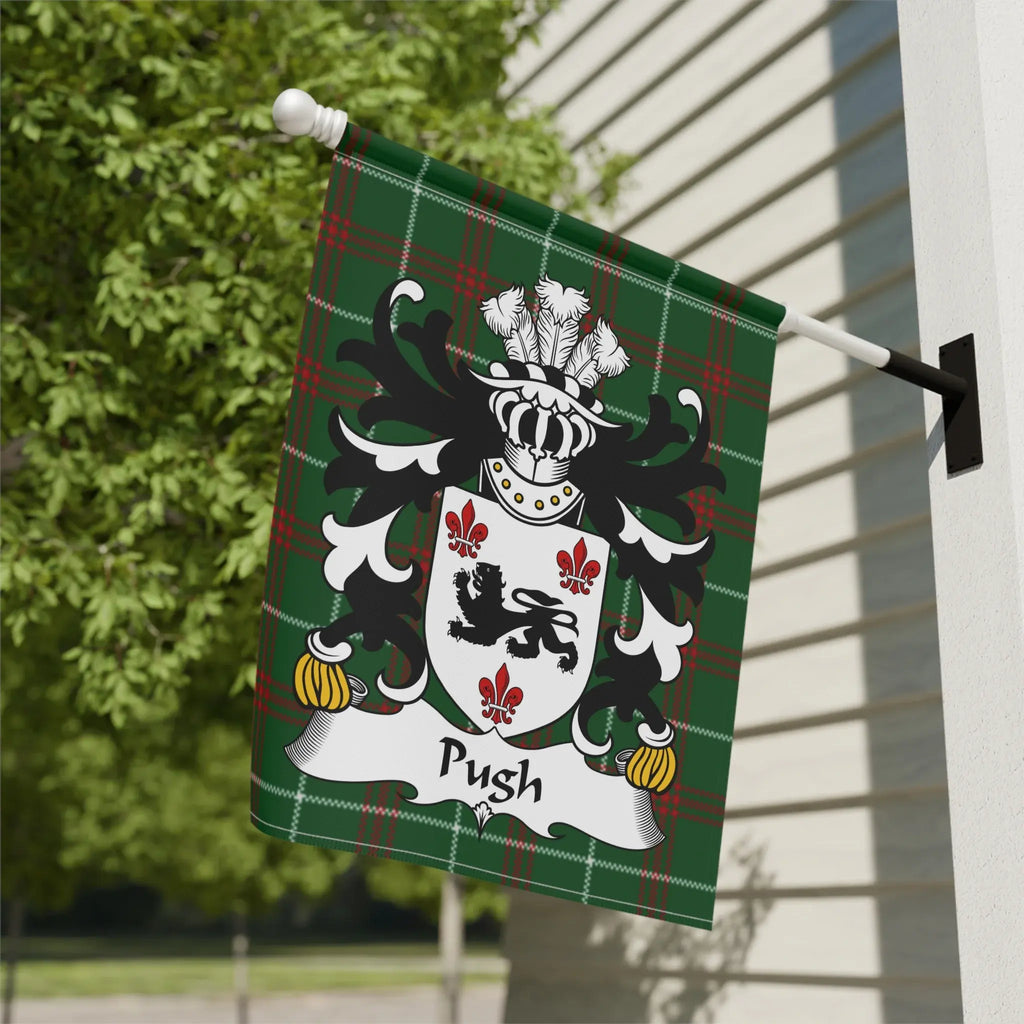 Green plaid flag with white "Push" text and a family crest.