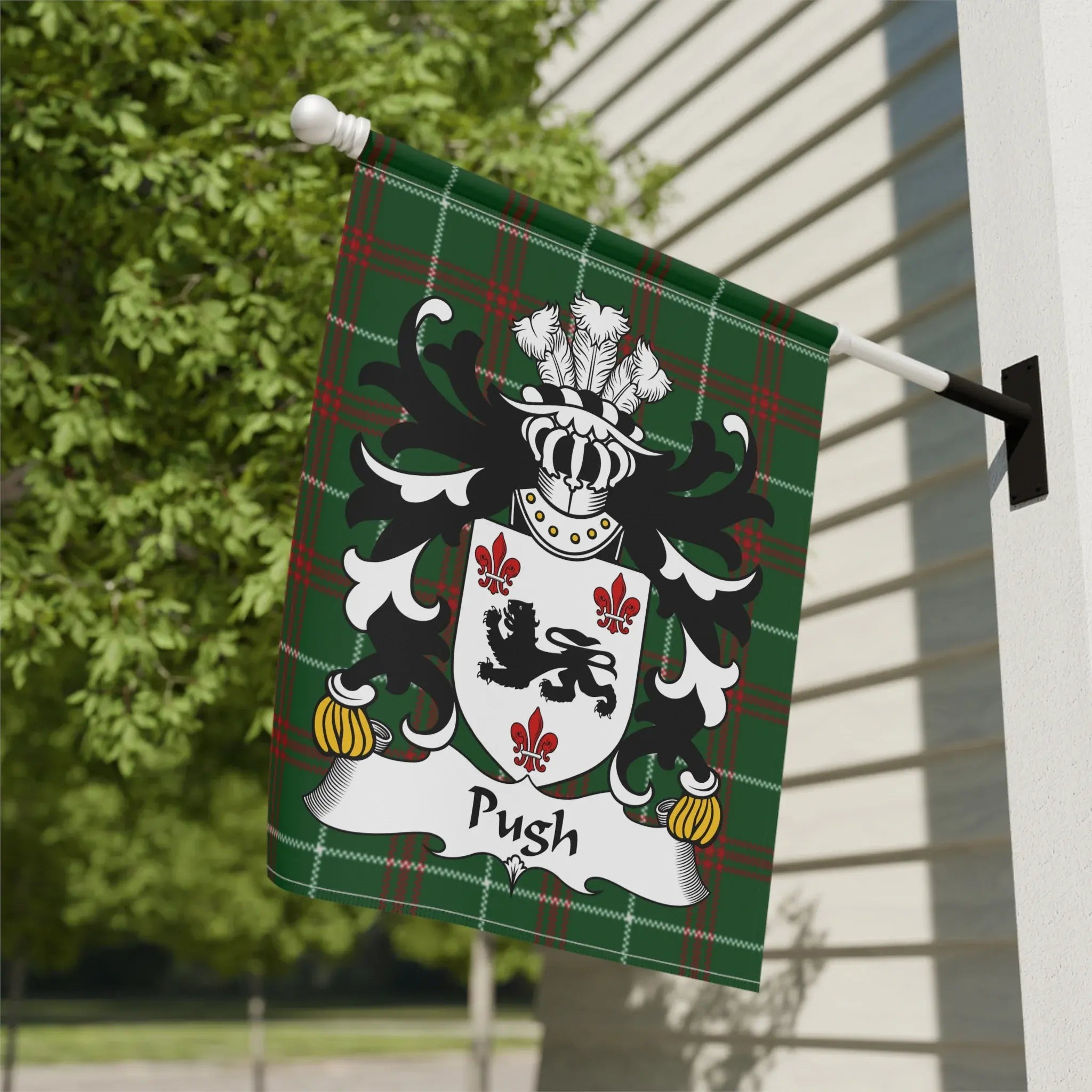 Green plaid flag with white "Push" text and a family crest.
