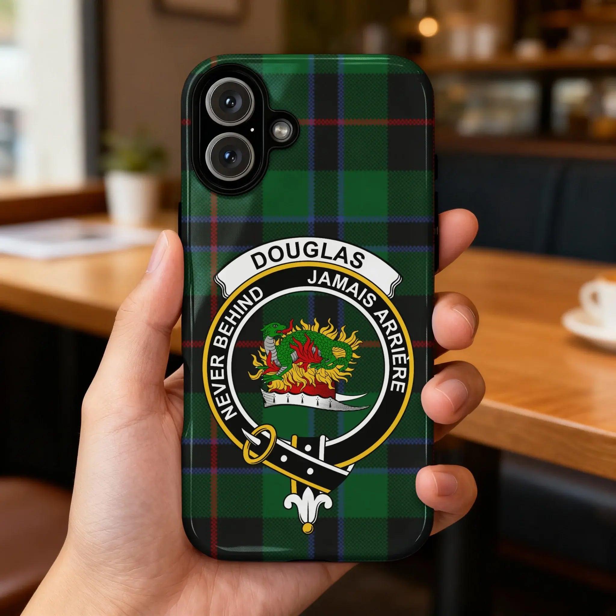 Douglas Never Behind Jamais Arriere phone case — full heraldic wrap on glossy slim case