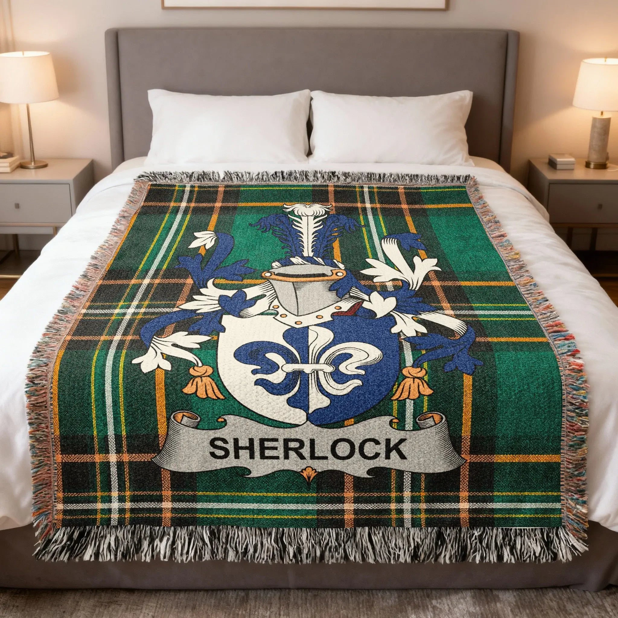 Sherlock family crest tartan blanket on a bed.