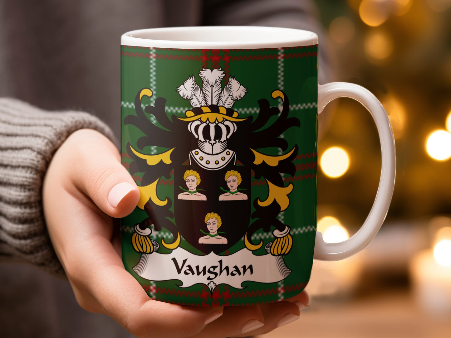 Vaughan Family Crest on Welsh National Tartan Mug - Living Stone Gifts