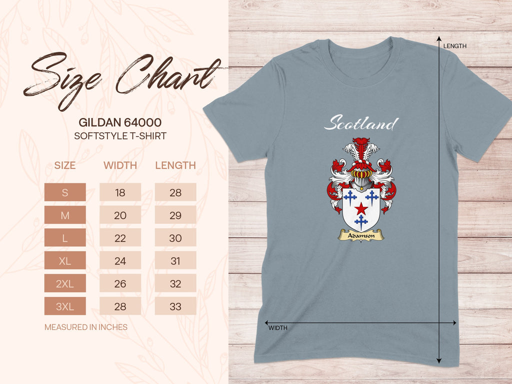Gildan 64000 size chart for Adamson Scottish family shield T-shirt