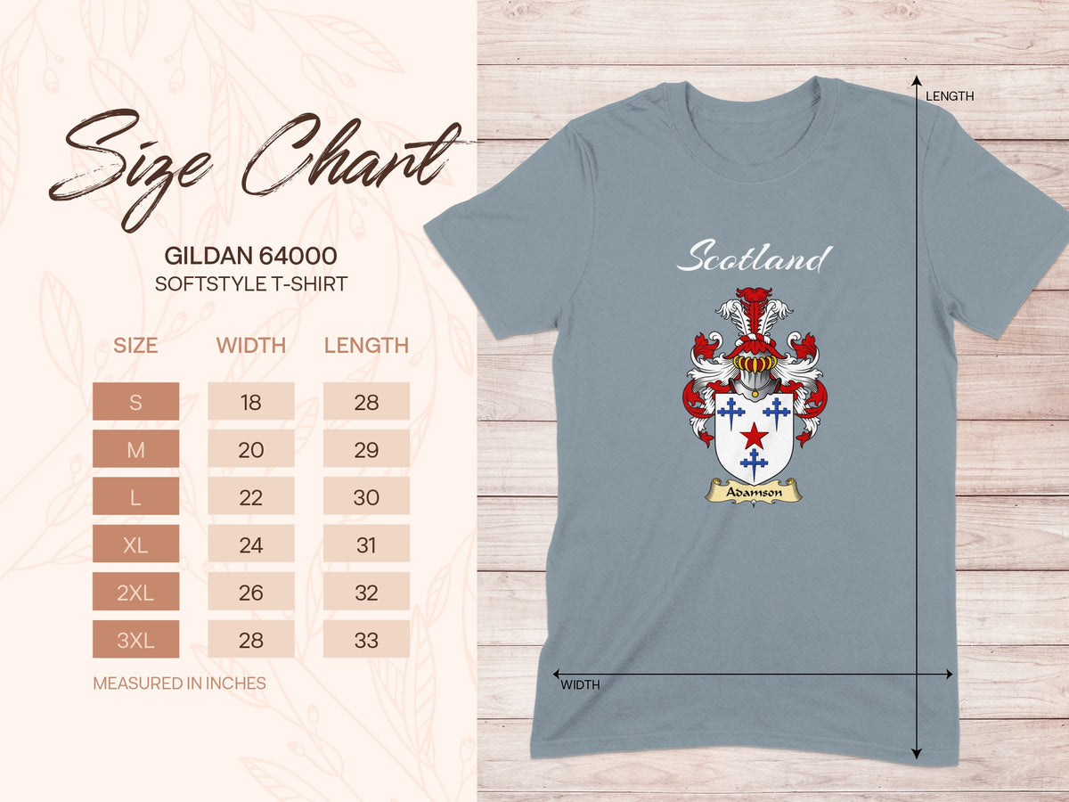 Gildan 64000 size chart for Adamson Scottish family shield T-shirt