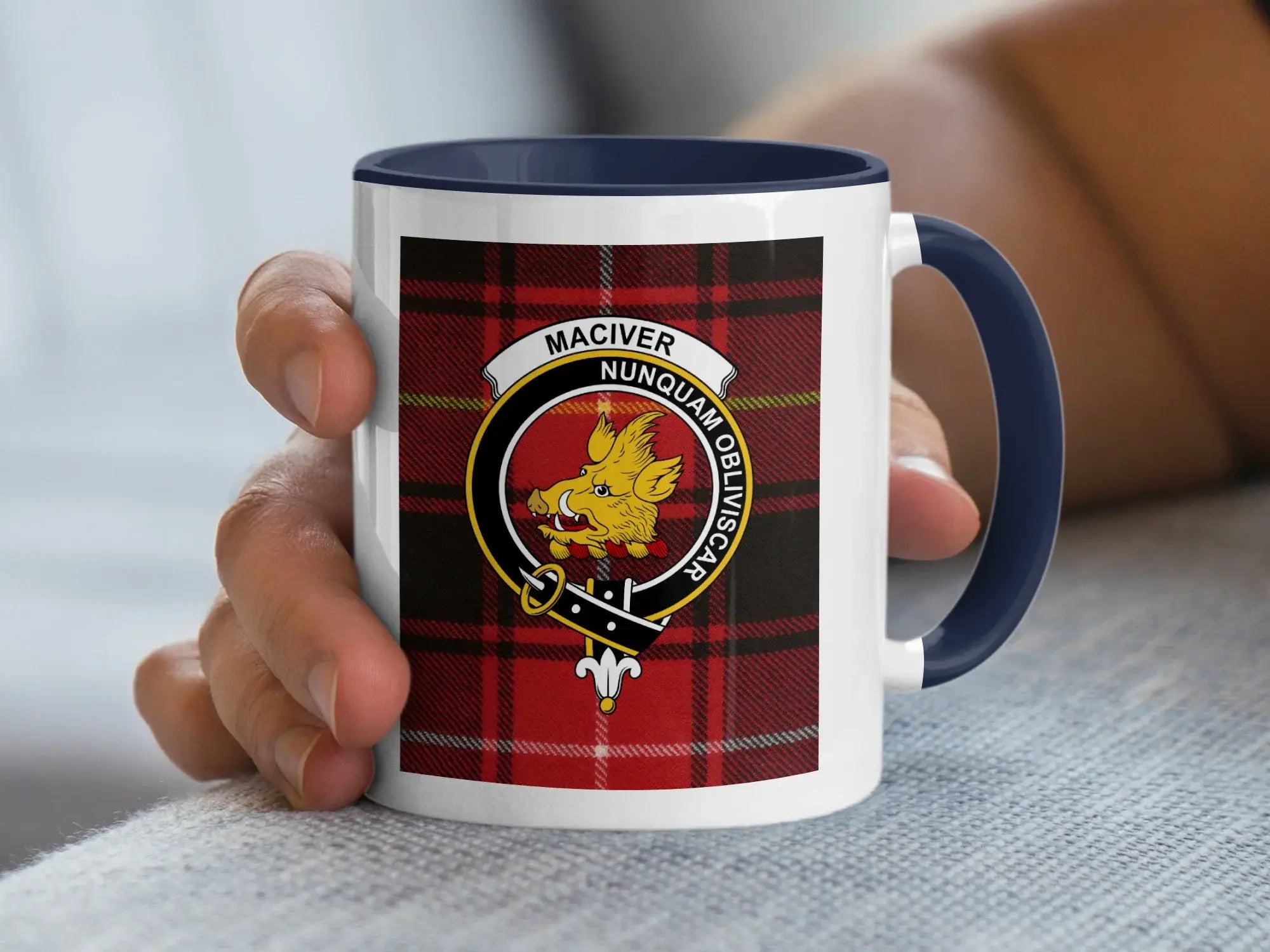 MacIver clan crest Nunquam Obliviscar tartan accent mug — 11 oz ceramic black handle