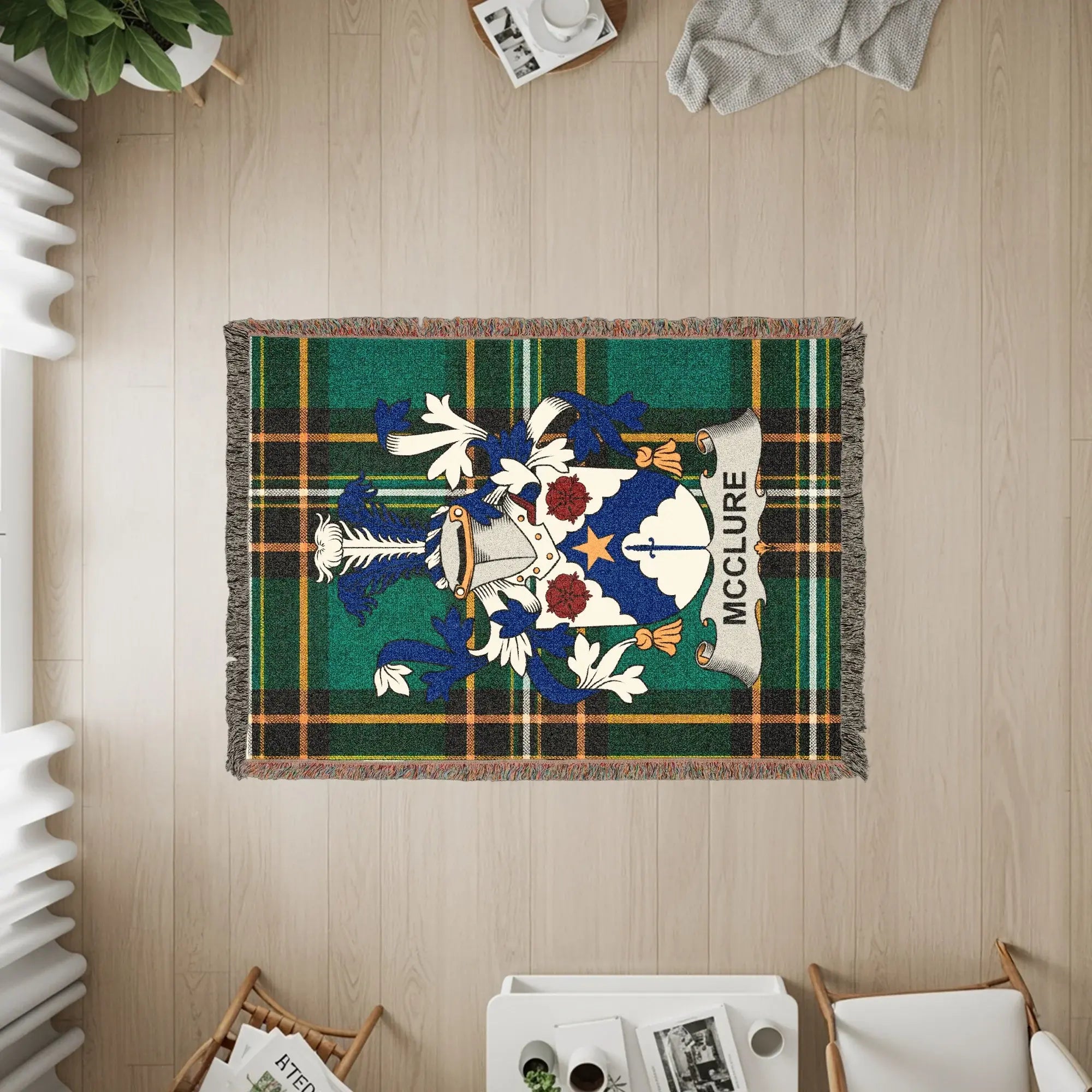 McClure tartan throw blanket with crest.