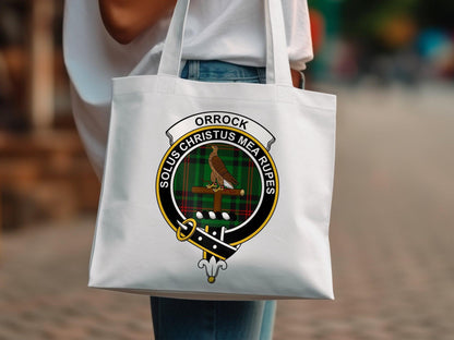 Orrock Clan Crest Solus Christus Mea Rupes Tote Bags - Celtic Ancestry Gifts