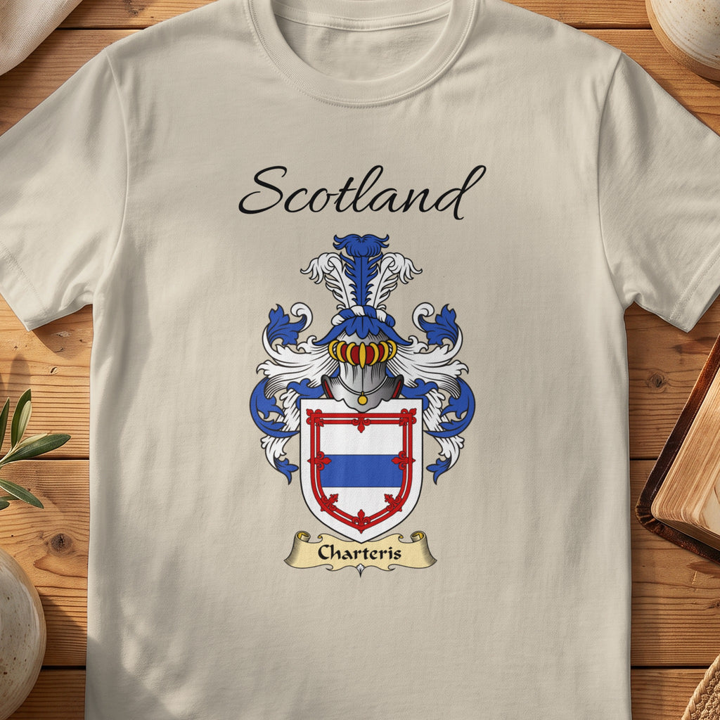 Sand Charteris Scottish family shield T-shirt featuring a red border surrounding a blue band on white