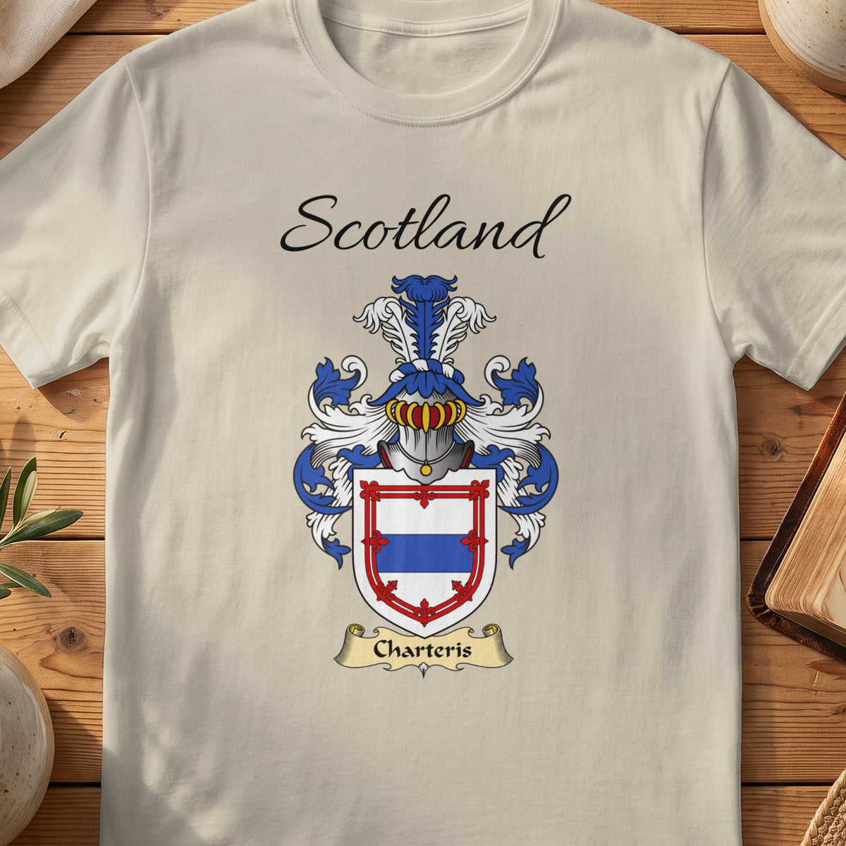 Sand Charteris Scottish family shield T-shirt featuring a red border surrounding a blue band on white