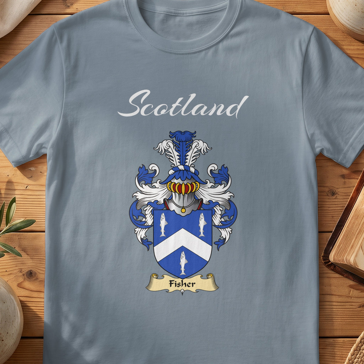 Fisher Scottish family shield T-shirt in Stone Blue