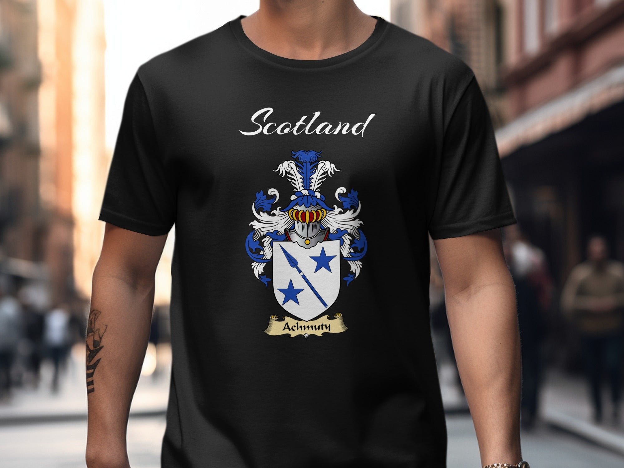 Achmuty Scottish family shield design on Black T-shirt