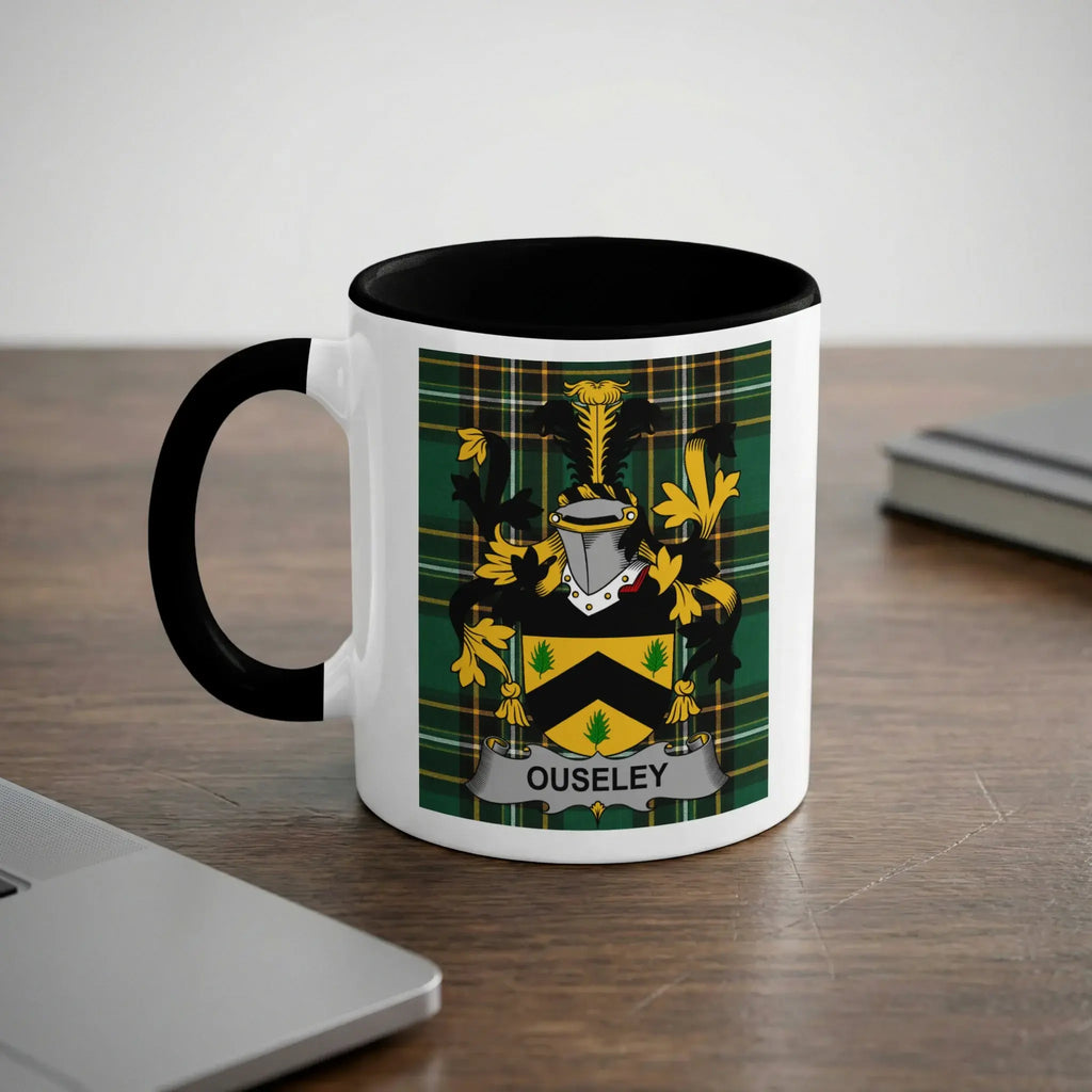 Ouseley Irish heritage accent mug with black interior and family crest