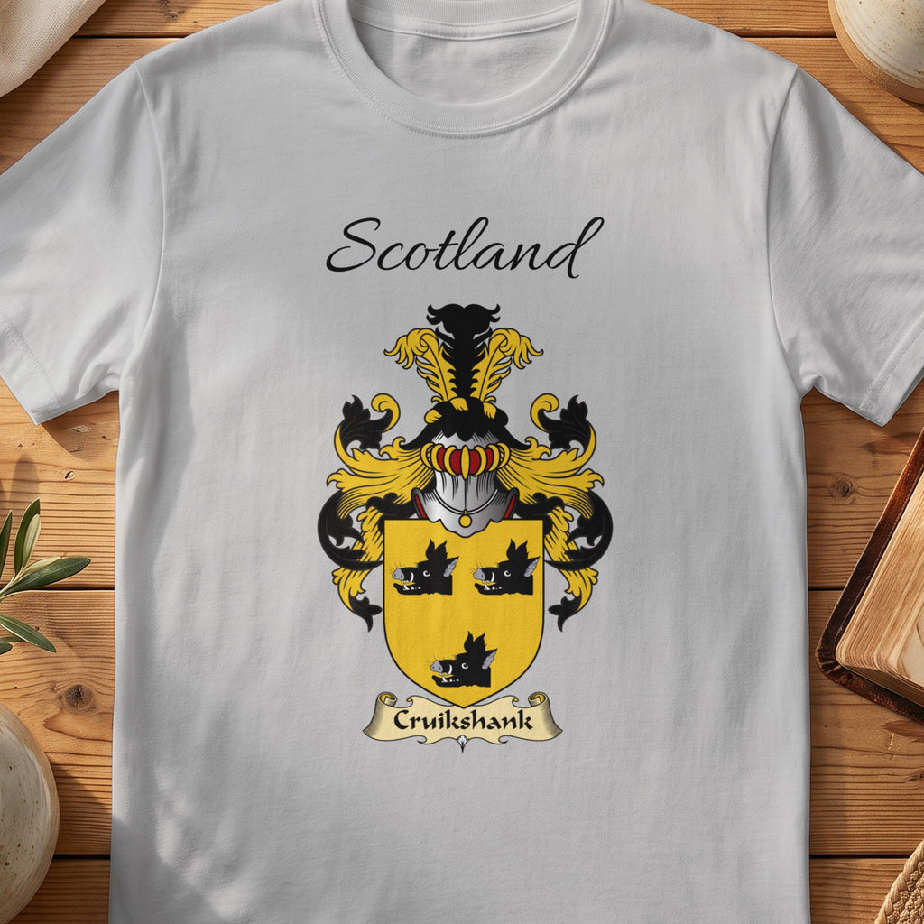 Sport Grey Cruikshank Scottish family shield T-shirt featuring three black boar heads on gold