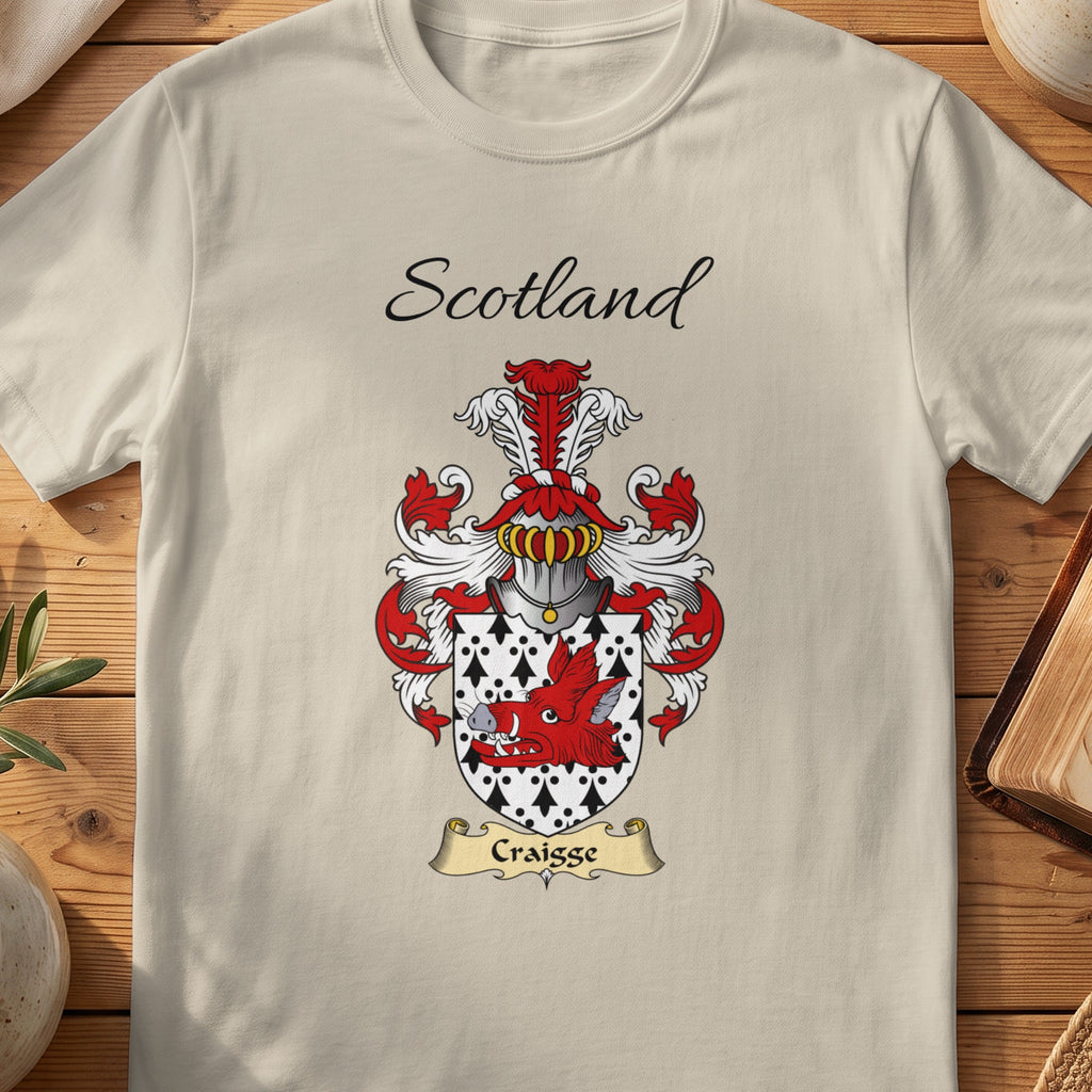Sand Craigge Scottish family shield T-shirt featuring a red figure against a black-and-white patterned shield