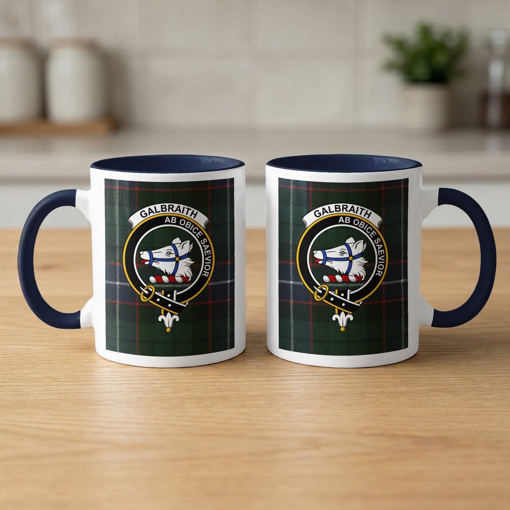 Pair of Galbraith Scottish clan crest 11 oz mugs with navy accents and a tartan background