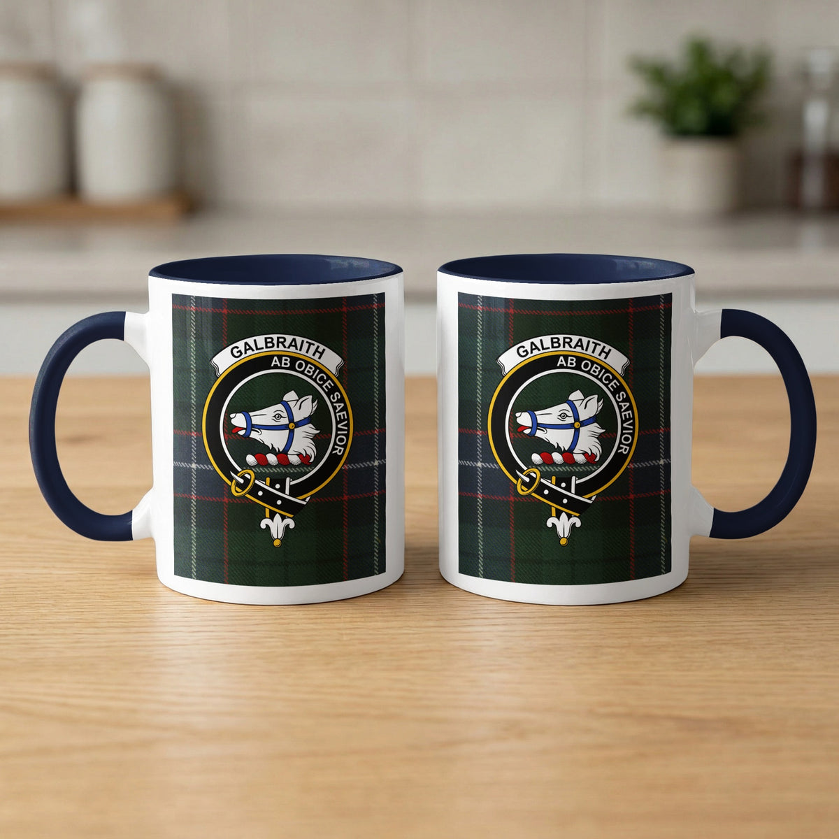 Pair of Galbraith Scottish clan crest 11 oz mugs with navy accents and a tartan background