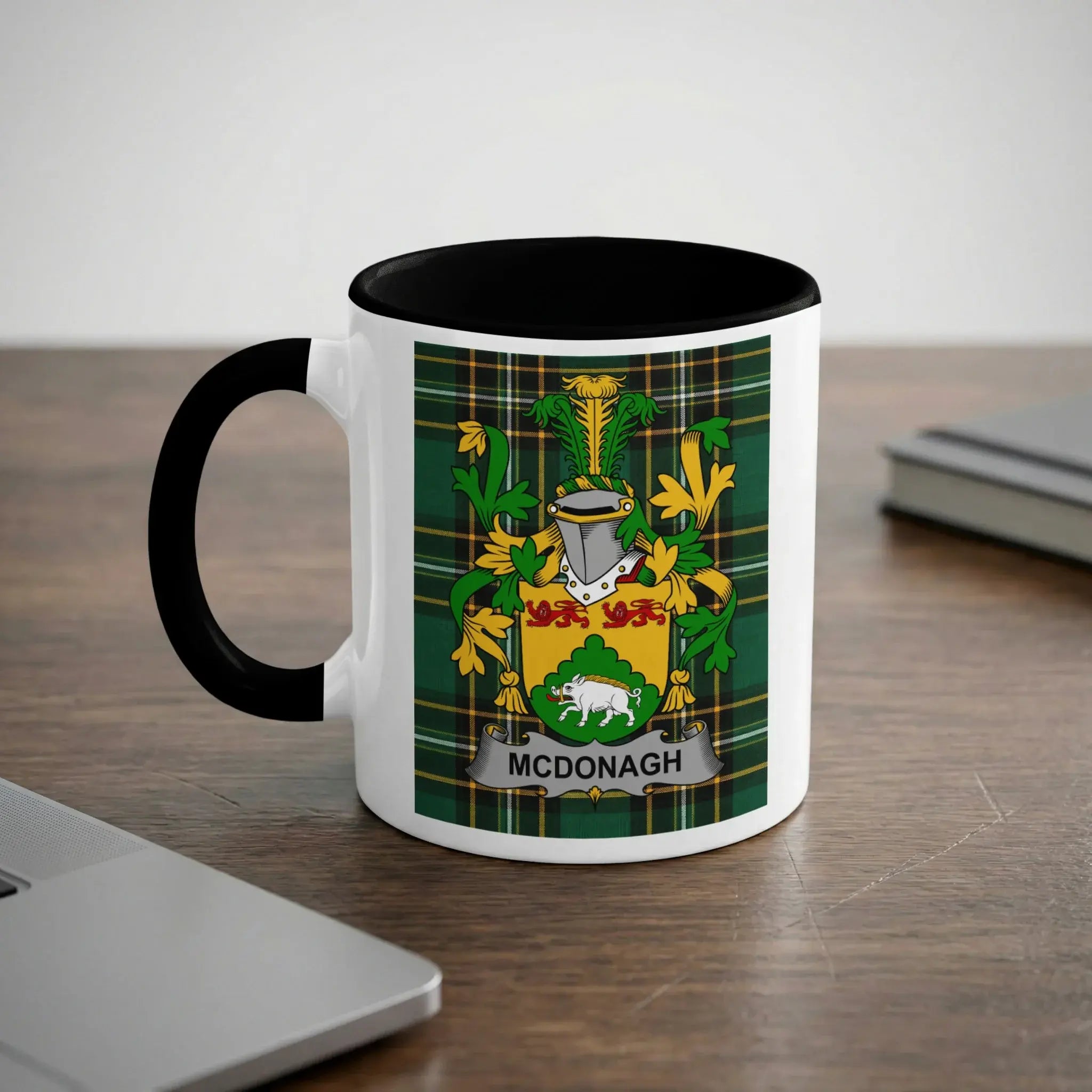 McDonagh Irish heritage mug with black handle and family crest