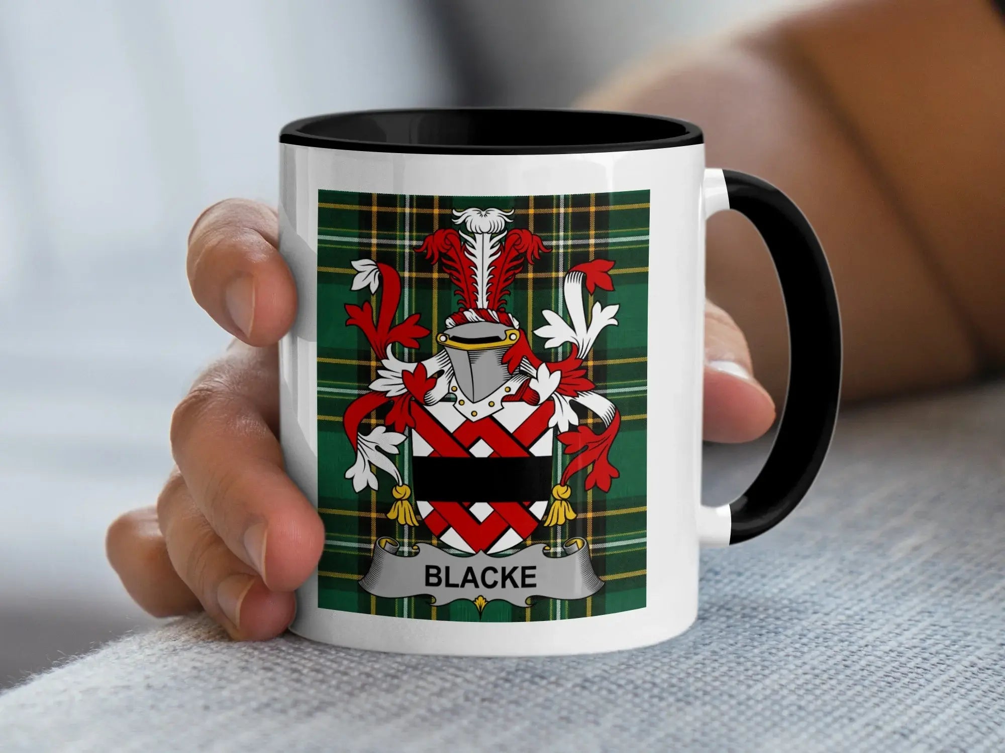 Blacke Irish heritage accent mug with family crest and black handle on Irish National Tartan