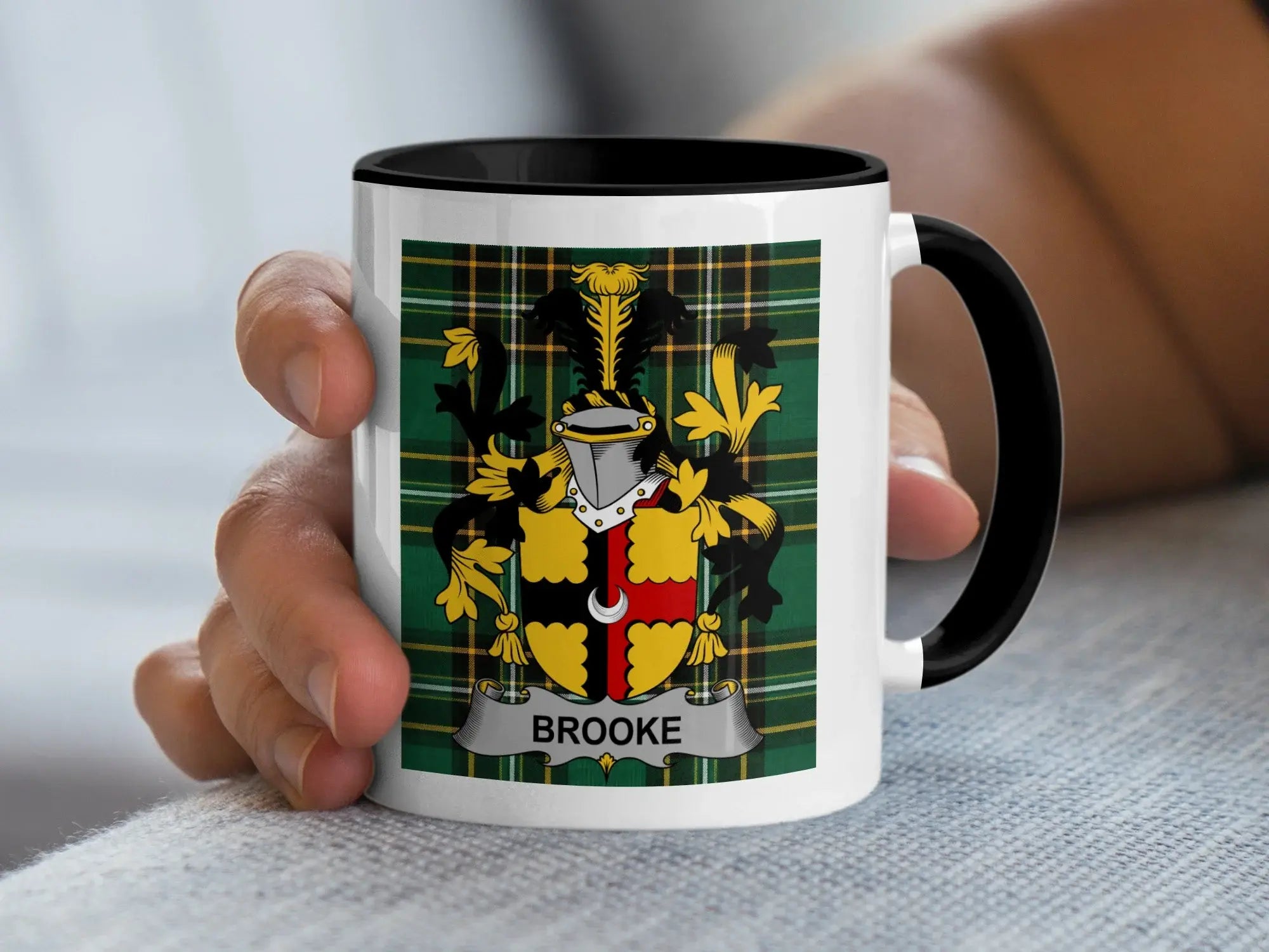 Mug with "BROOKE" text on a green and yellow plaid crest.