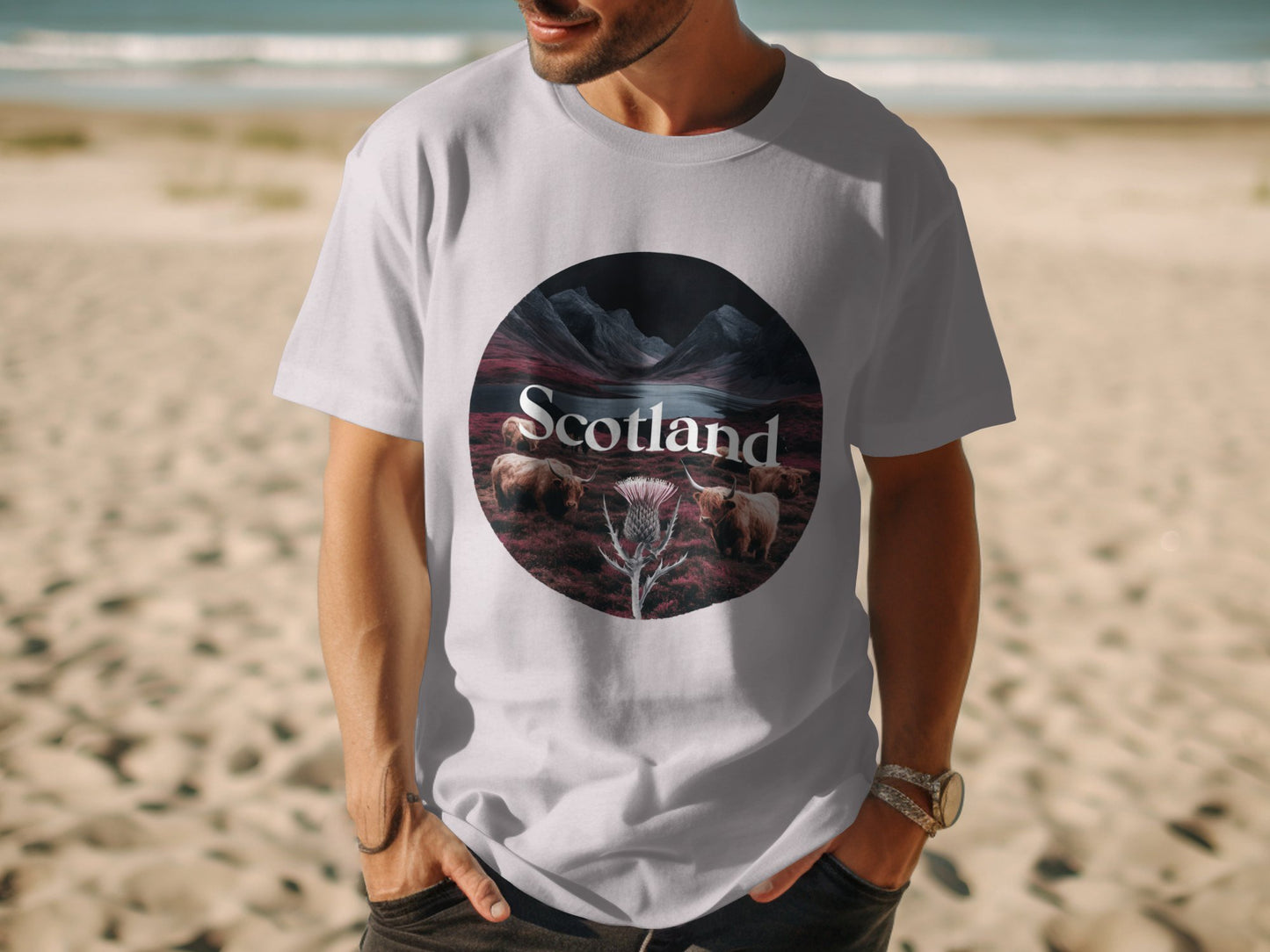 Scenic Scotland Highland Cow and Thistle T-Shirt - Living Stone Gifts