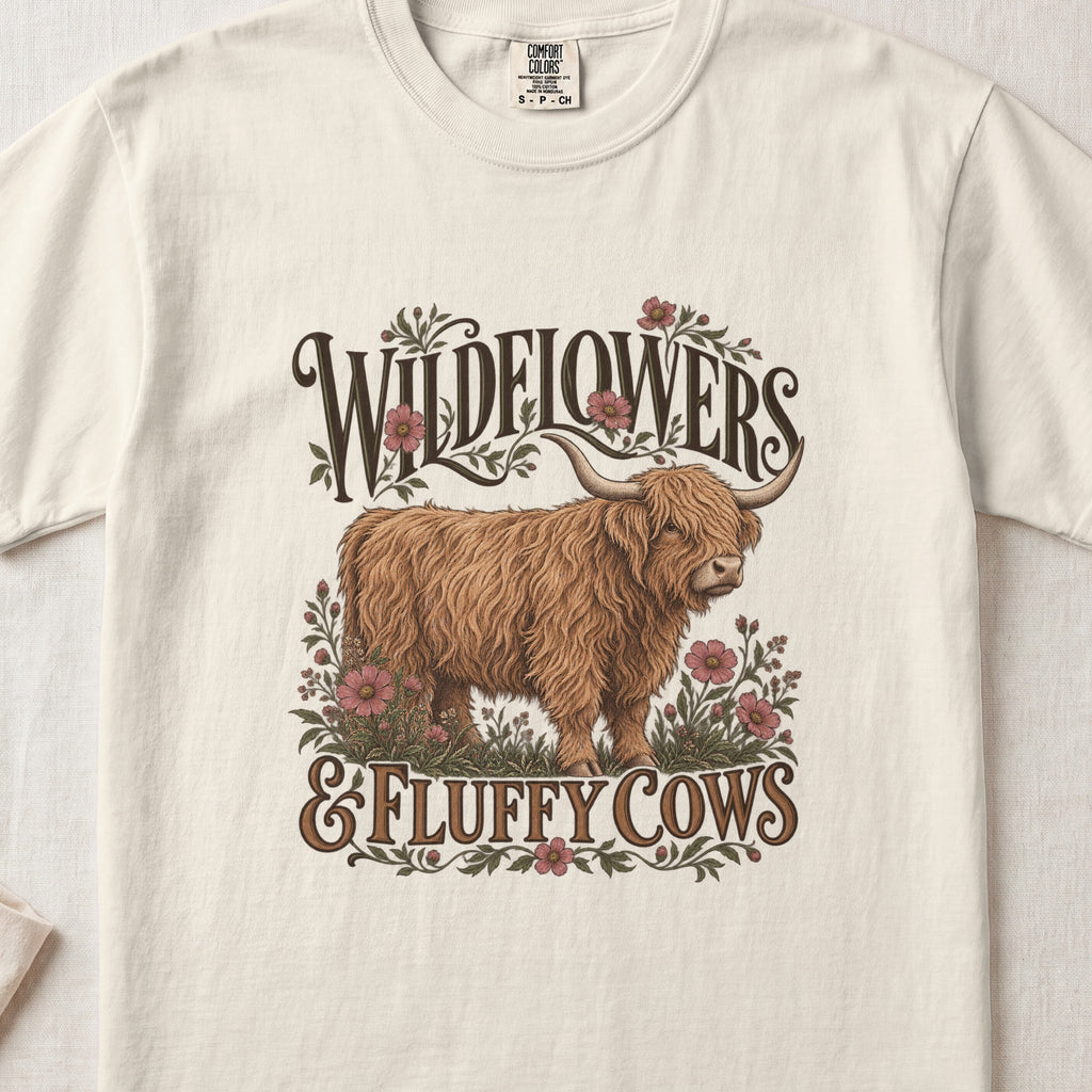 Wildflowers & Fluffy Cows Highland cow design on an Ivory Comfort Colors 1717 T-shirt, flat lay