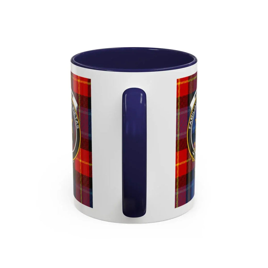 Clan Wardlaw Scottish tartan mug — close-up of crest and accent interior detail