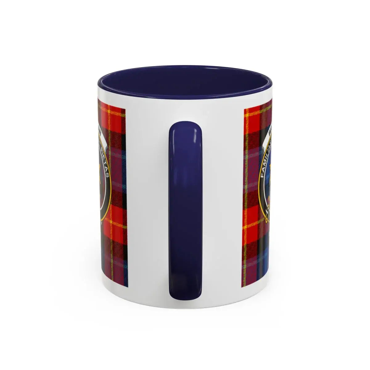 Clan Wardlaw Scottish tartan mug — close-up of crest and accent interior detail