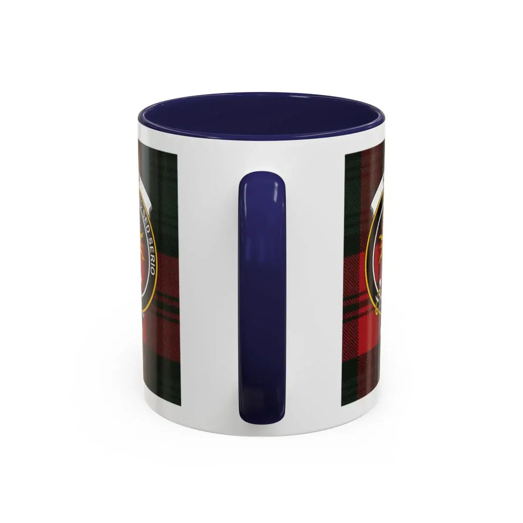 Kerr clan tartan accent mug with navy handle — 11oz ceramic, Late But In Earnest motto
