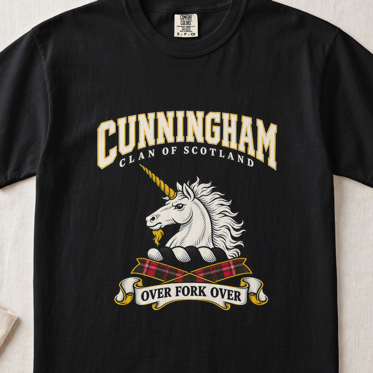 Cunningham Scottish clan graphic T-shirt in Black, front view