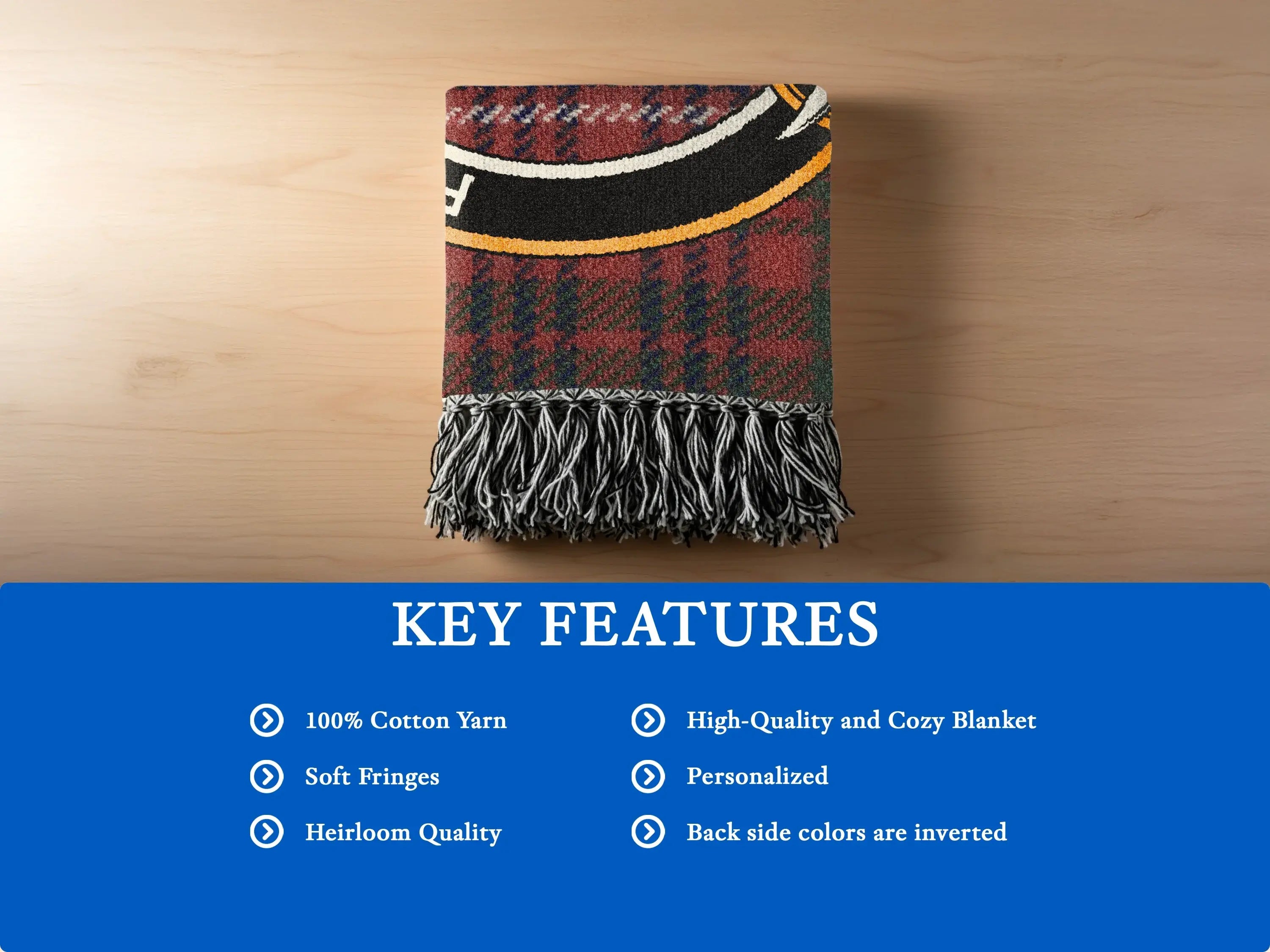 Close-up of woven fringe edge on MacRae tartan cotton blanket — heirloom quality finish