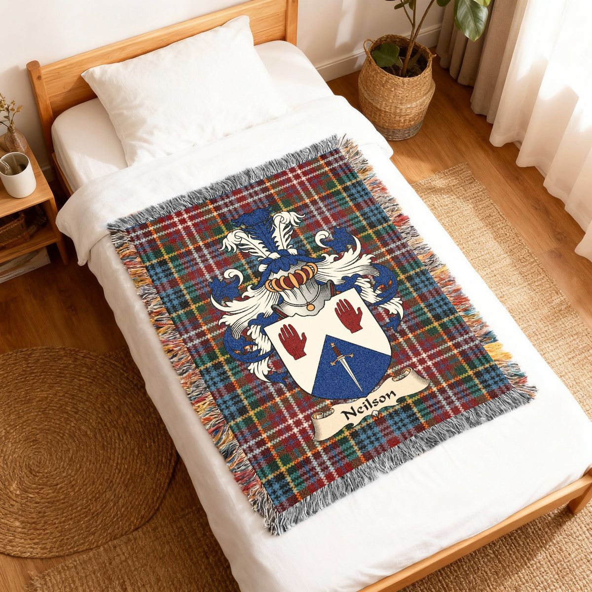 Neilson Caledonia tartan heritage woven throw blanket with family shield
