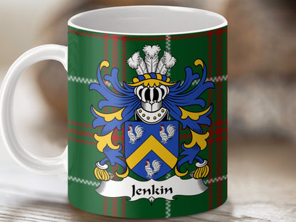 Jenkin Welsh Surname Coat of Arms on Tartan Background Mug - Living Stone Gifts