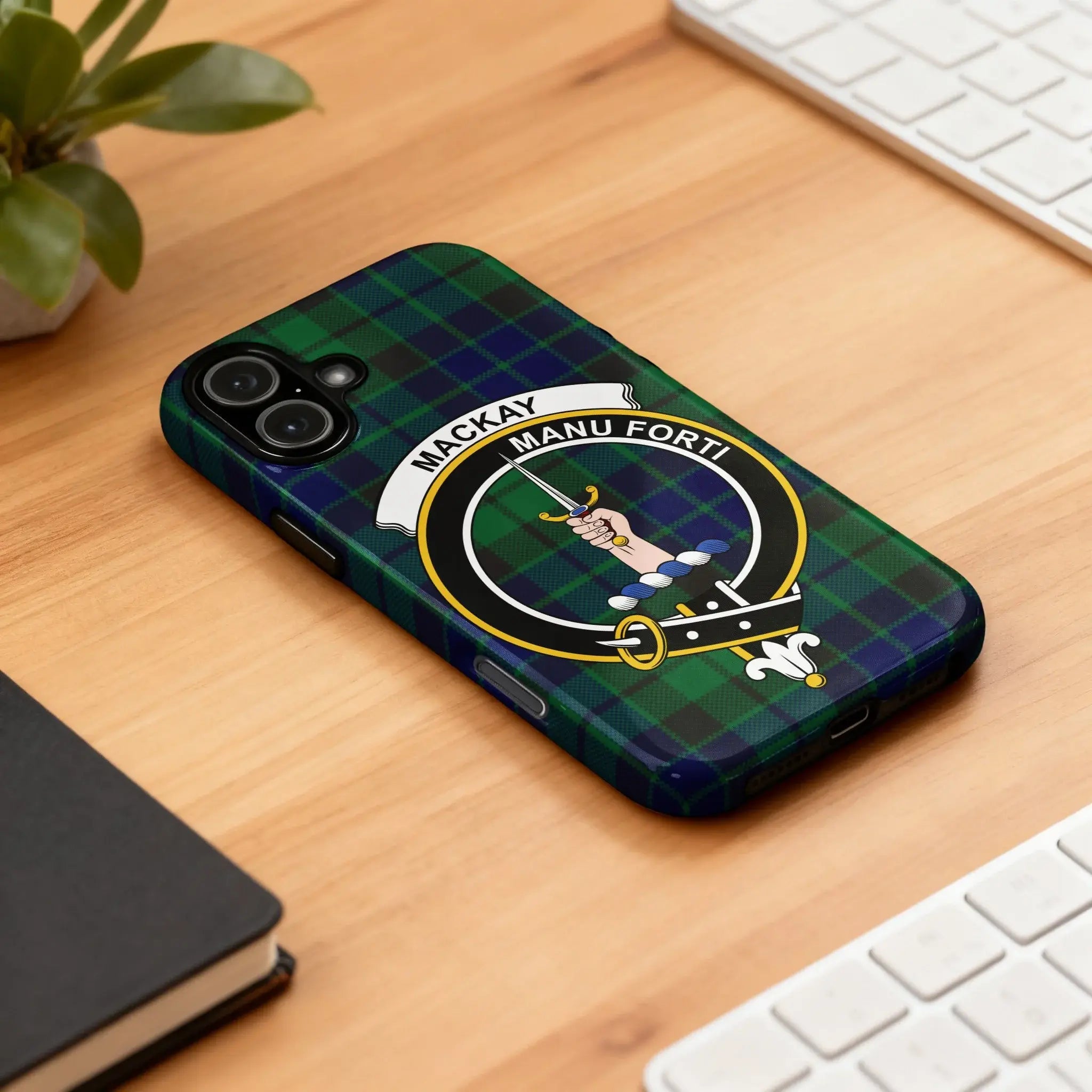MacKay clan Manu Forti tartan iPhone case cover — full heraldic wrap on glossy impact-resistant shell