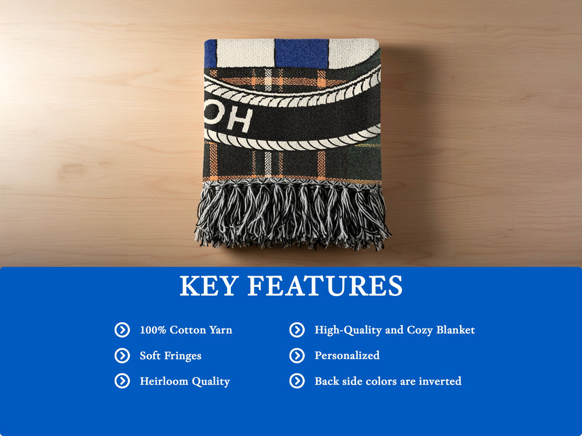 MacGilfoyle cotton woven blanket detail with decorative fringed edges