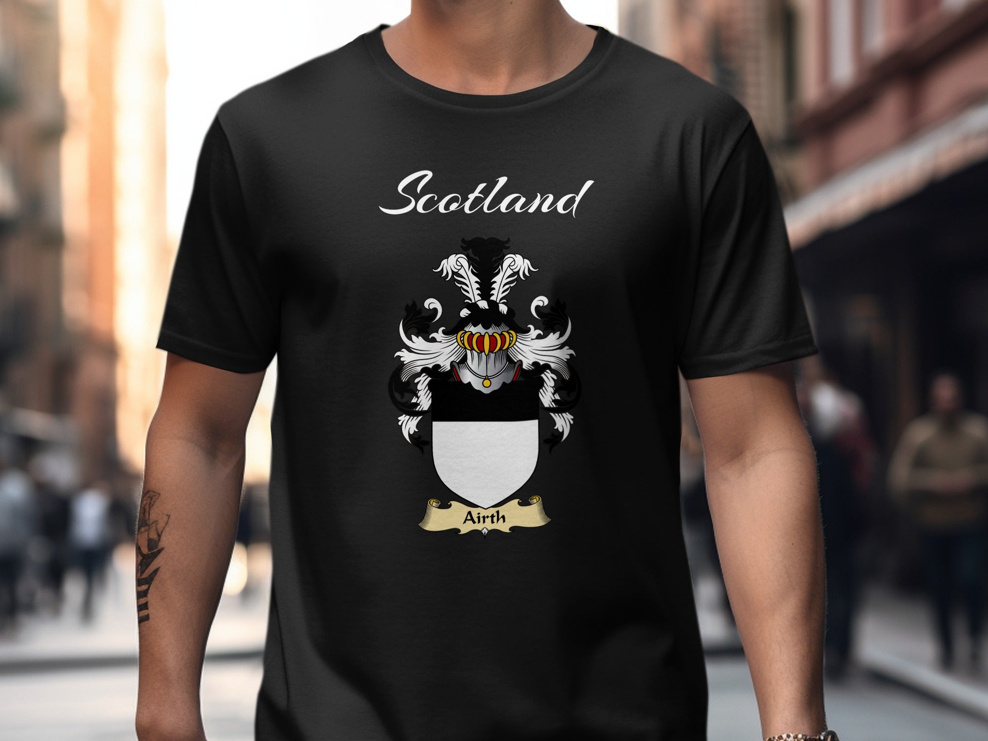 Airth Scottish family shield design on Black T-shirt