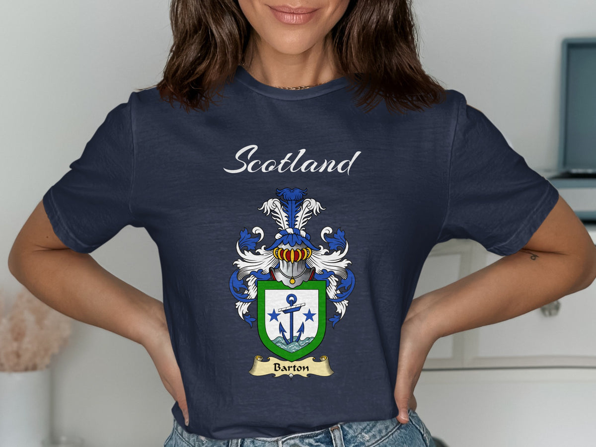 Barton Scottish family shield design on Navy T-shirt