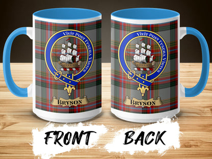 Bryson Family Crest Plaid Background Personalized Mug - Living Stone Gifts