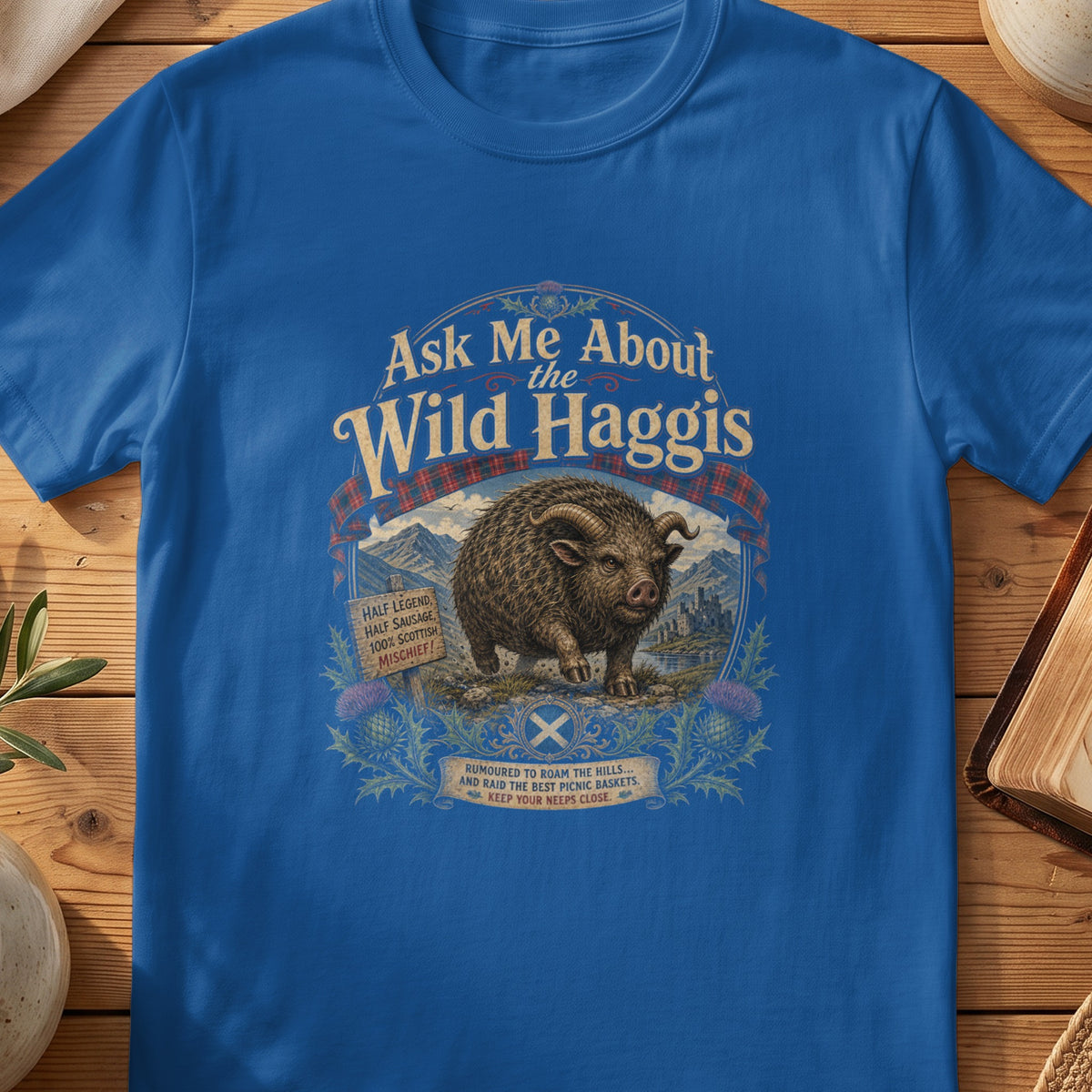 T-shirt with "Ask Me About the Wild Haggis" and a horned pig illustration.