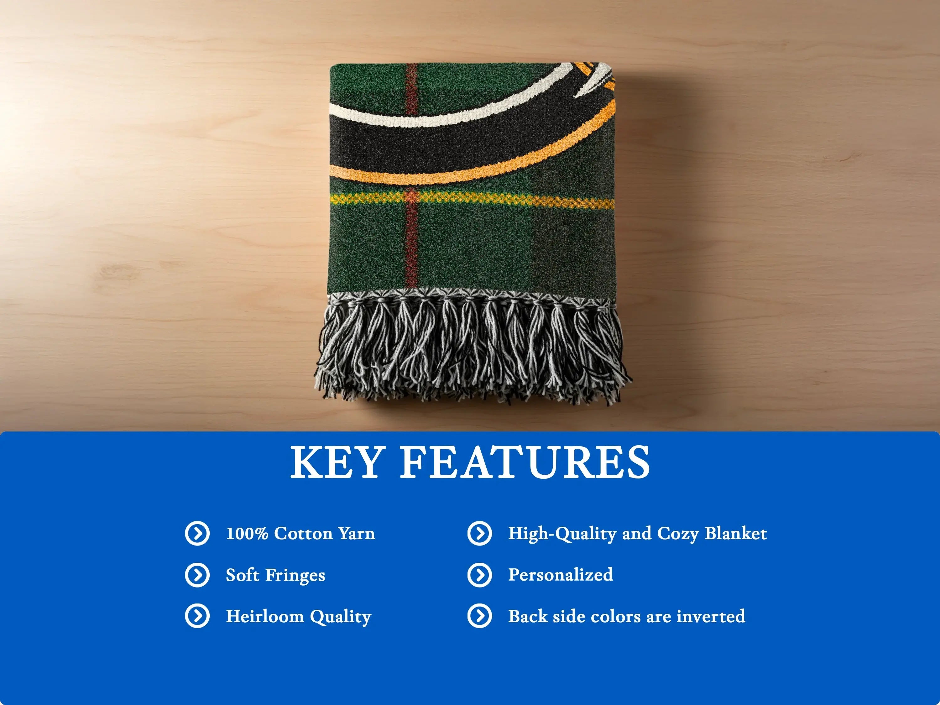 Galloway woven blanket draped over chair — 60x50 inch size showing fringe and tartan weave