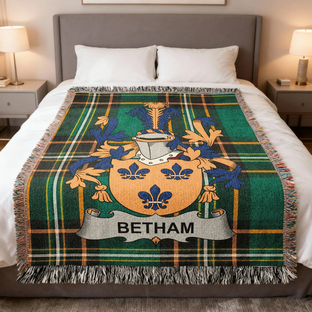 Betham Irish family crest woven blanket with Irish tartan design and fringed edges