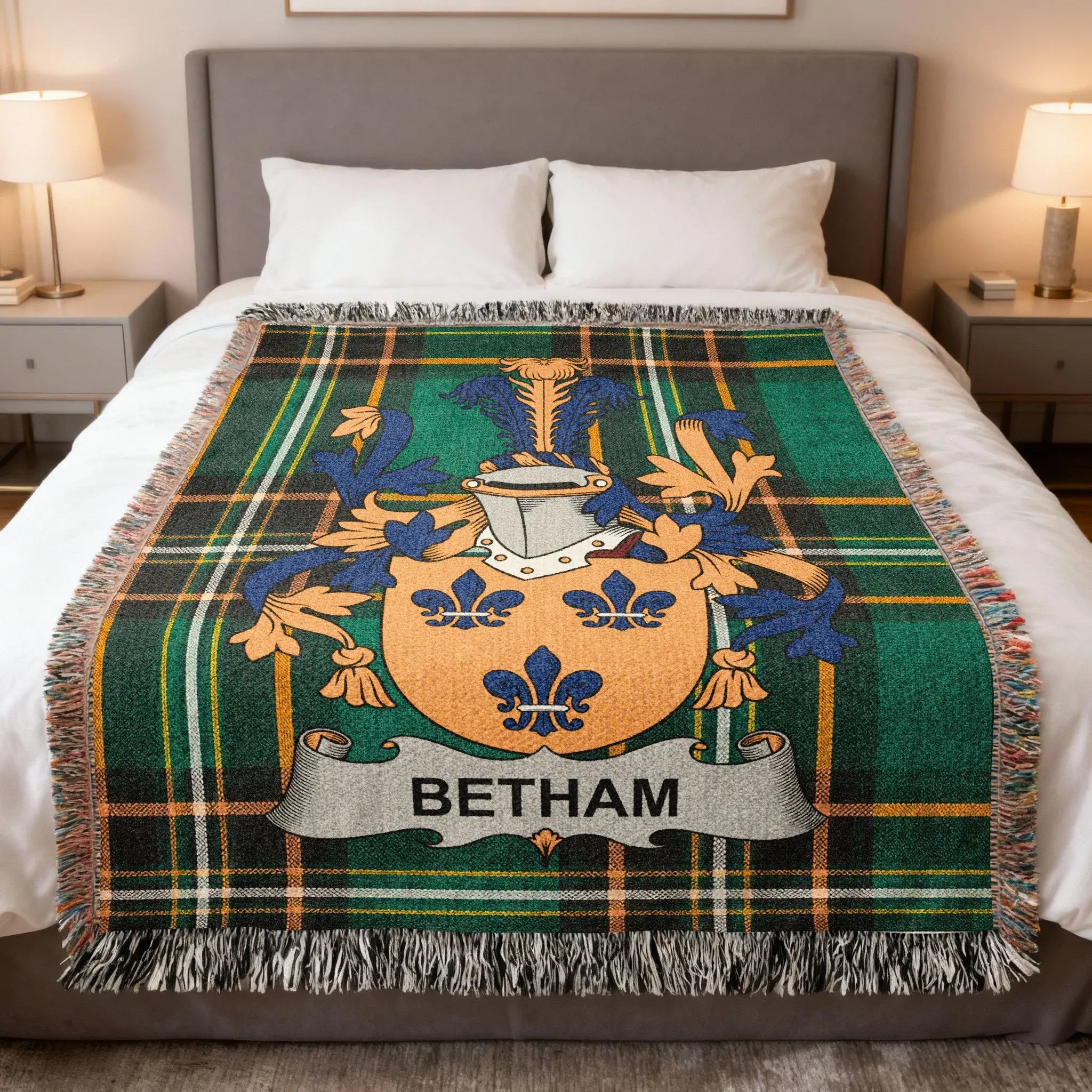 Betham Irish family crest woven blanket with Irish tartan design and fringed edges