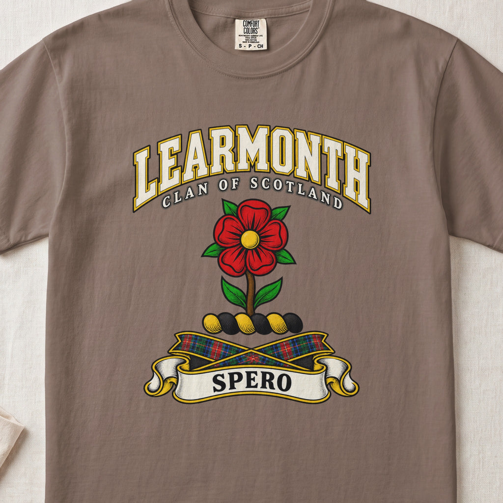 Learmonth Scottish clan T-shirt in Espresso, front view with a red rose with green leaves and motto design.